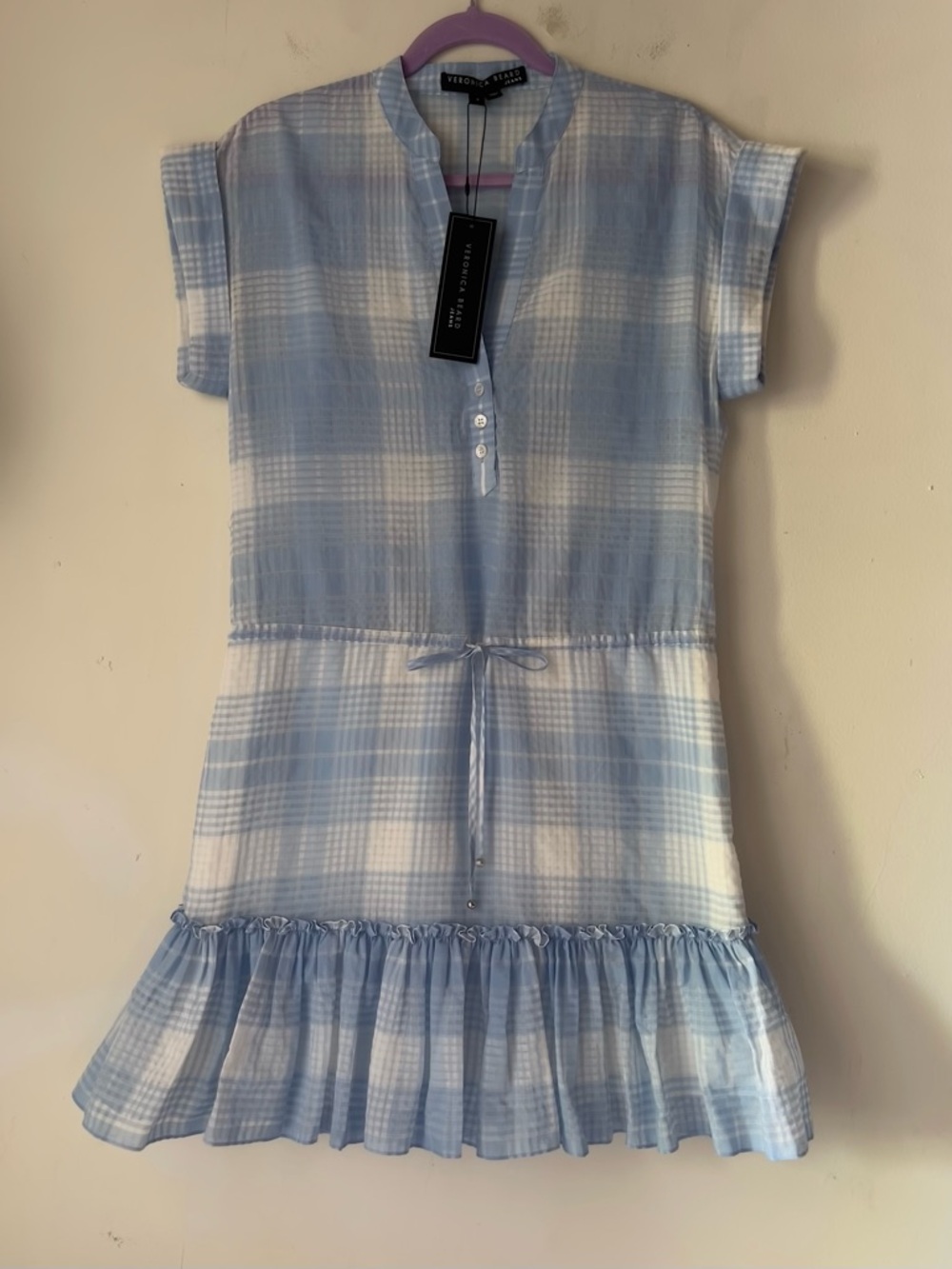 NWT Veronica Beard Hanne Sky White Mini Plaid Shirt Dress Size Small